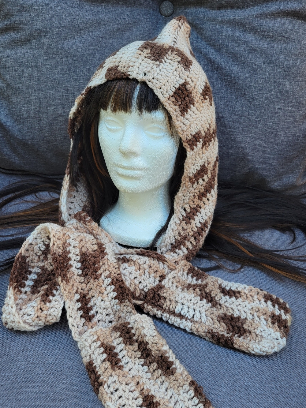 Handmade Cream and Brown Crochet Hooded Scarf With Gloves